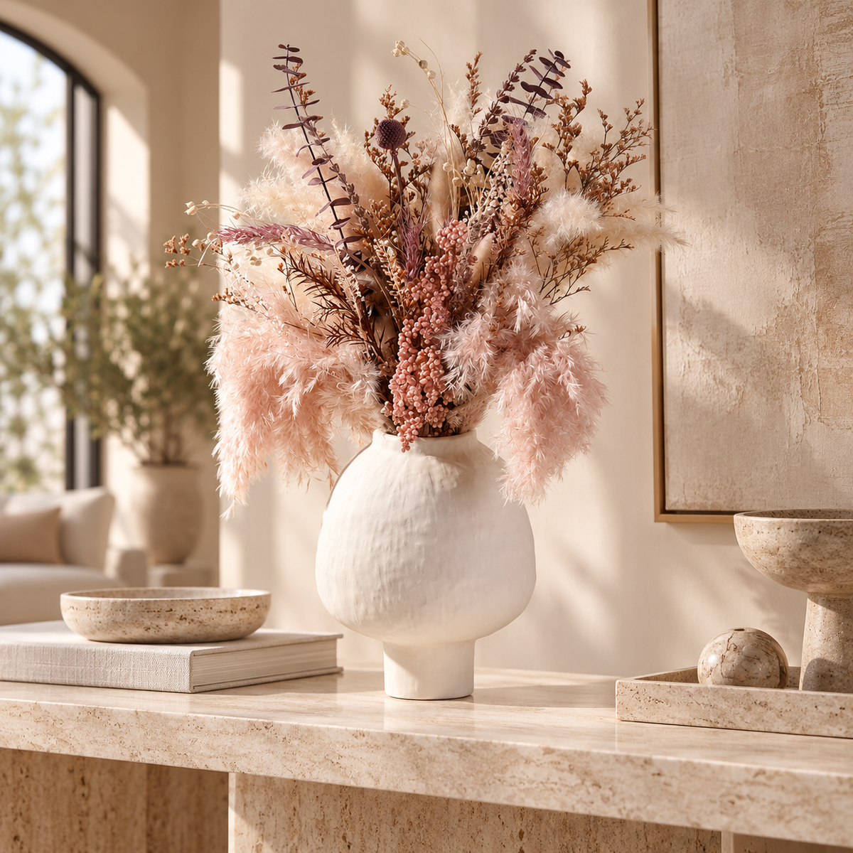 Beige Textured Ceramic Decorative Vase for Modern Home Décor