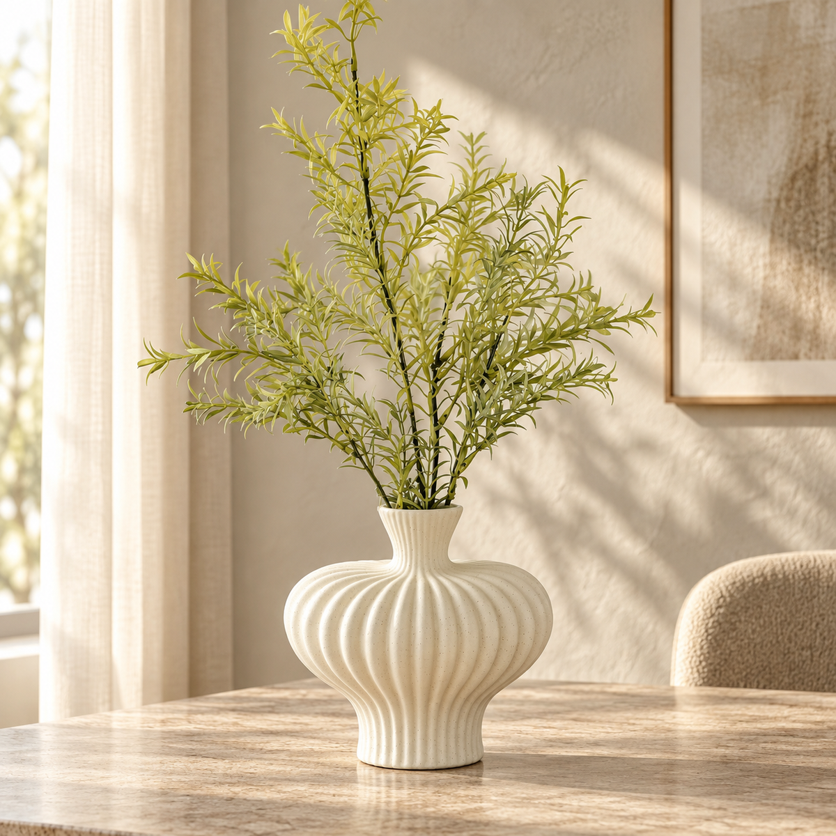 Matte White Ribbed Ceramic Decorative Vase